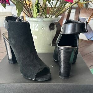 Tahari ASL Black Suede Open-Toe Ankle Booties with Buckle Strap